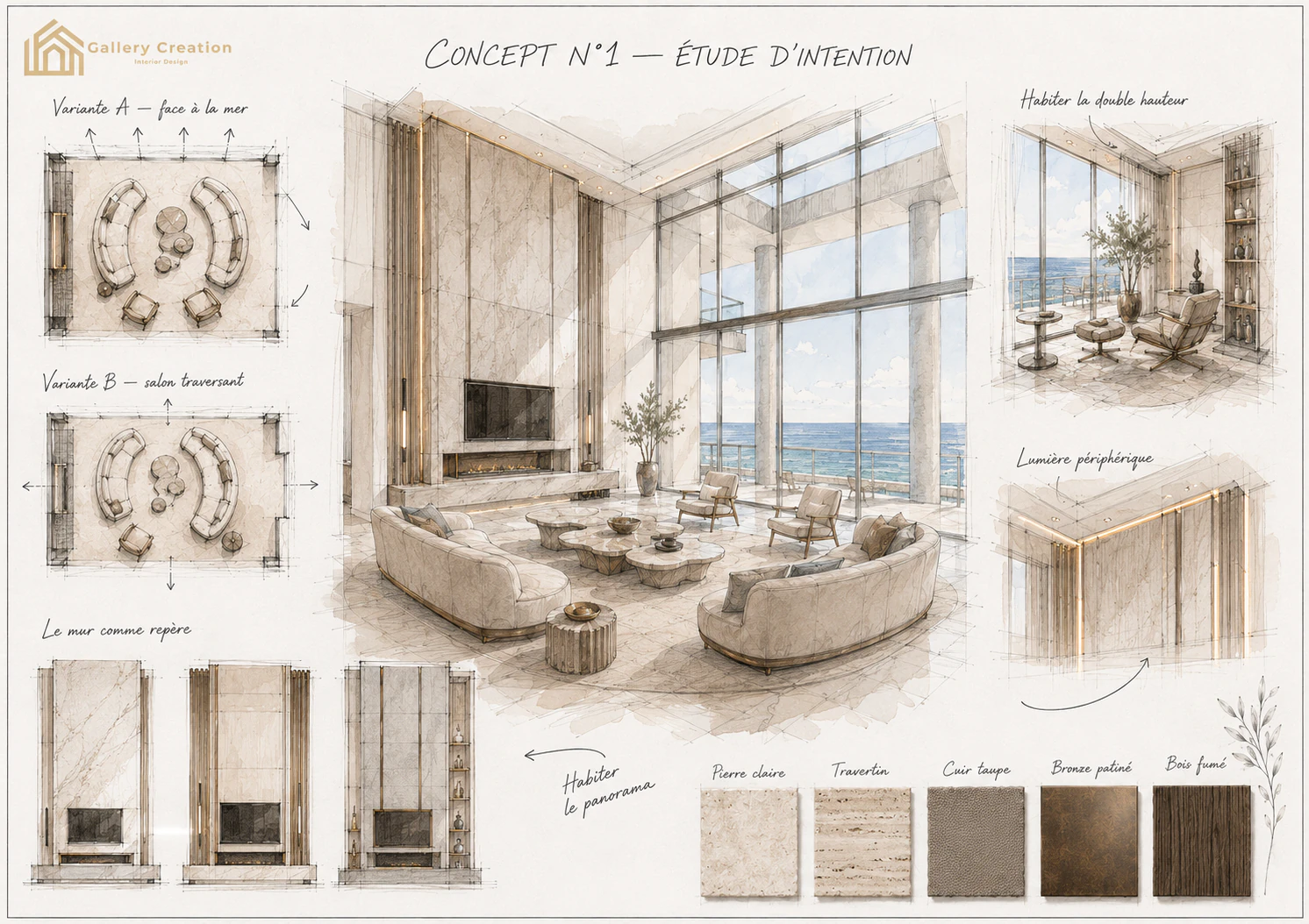 Planche Concept 1 pour un séjour en double hauteur face à la mer, avec variantes d’implantation, mur monumental et palette de matières naturelles.