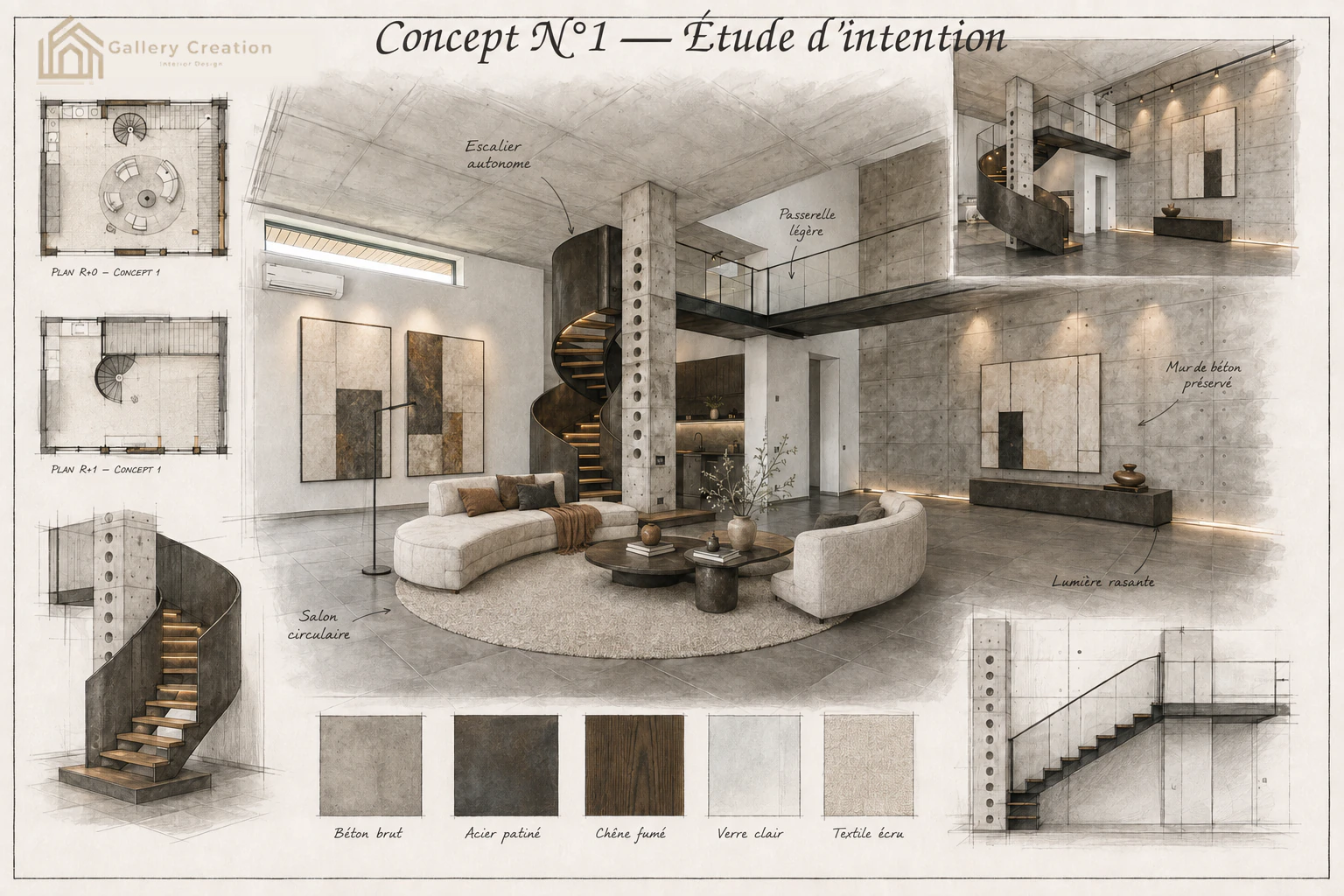 Planche d’étude d’intention pour un volume brut en double hauteur, avec escalier sculptural autonome, passerelle légère, œuvres murales et salon circulaire.
