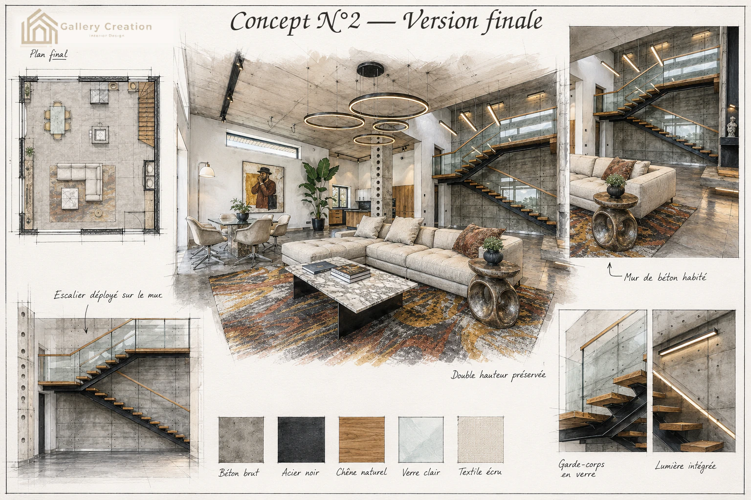 Planche de conception finale d’un volume brut en double hauteur, avec escalier déployé sur le mur en béton, acier noir, chêne et verre.