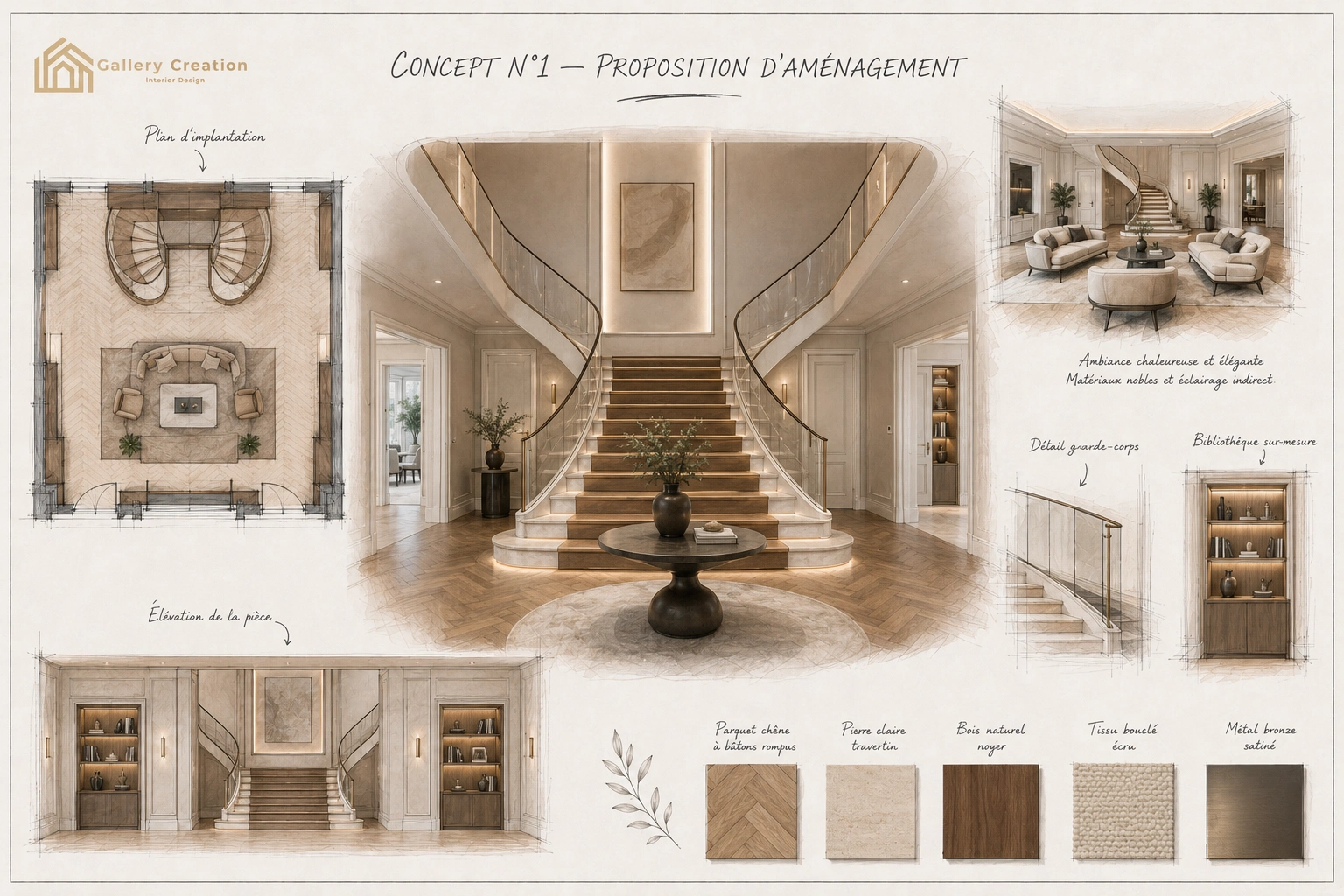 Planche d’étude d’intention pour la transformation d’un escalier monumental au cœur d’une villa.