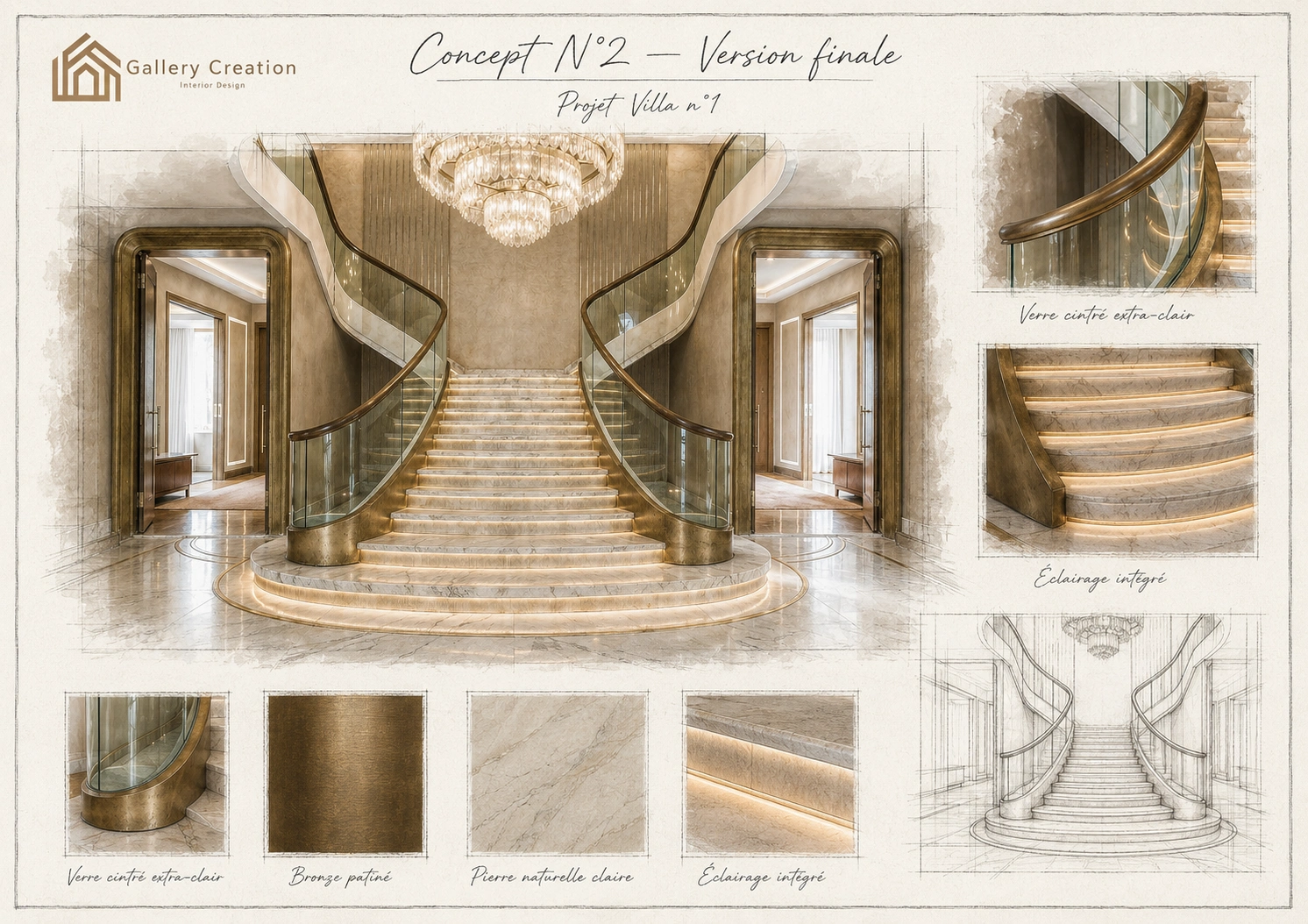 Planche de conception finale d’un escalier monumental en verre, pierre claire et finitions bronze.