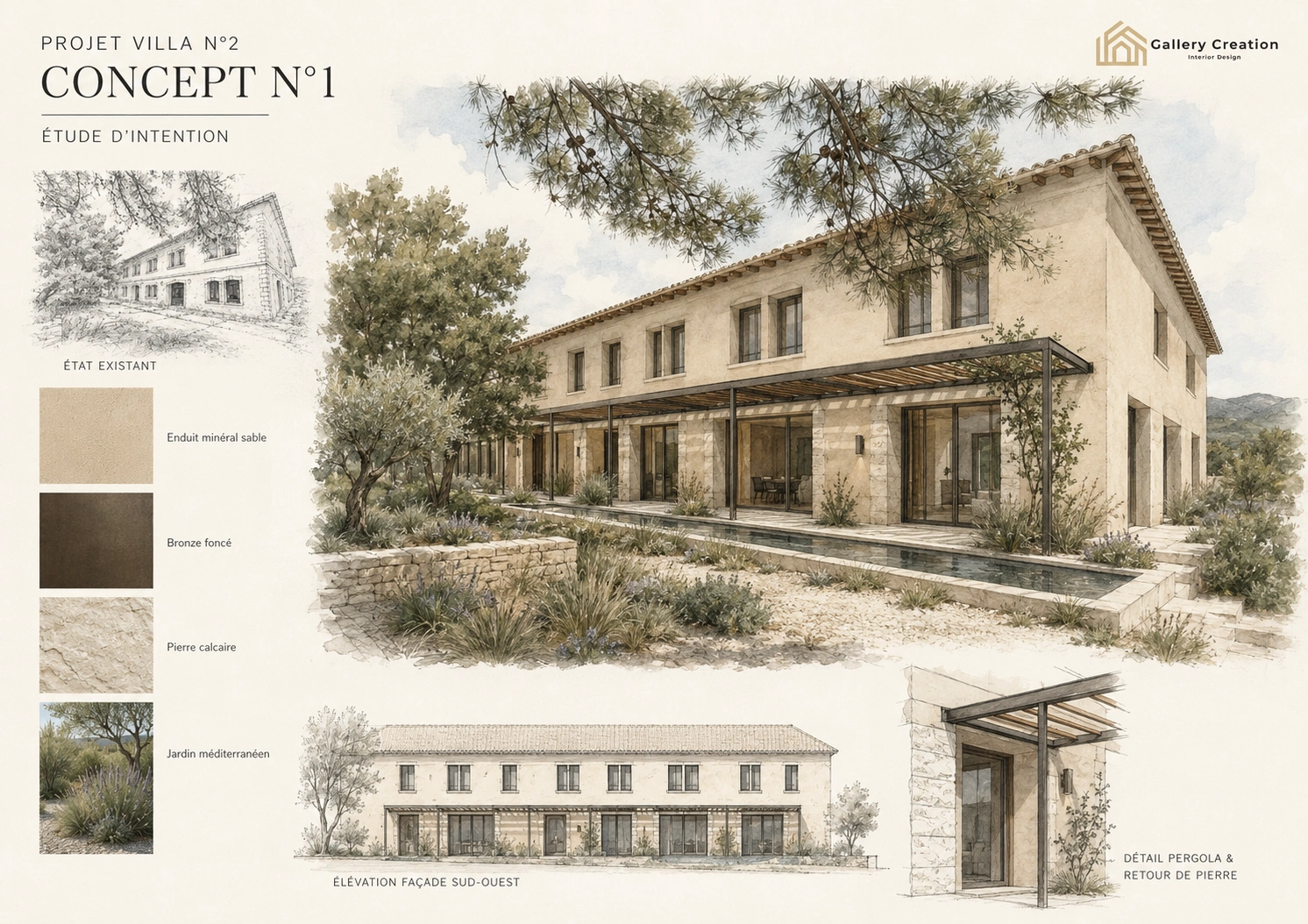 Planche Concept 1 proposant une transformation contemporaine alternative pour redonner une identité à la villa.