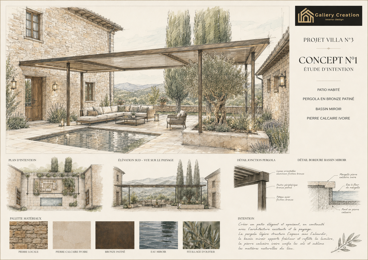 Planche Concept 1 proposant un patio habité avec pergola en bronze patiné, bassin miroir et pierre calcaire claire.