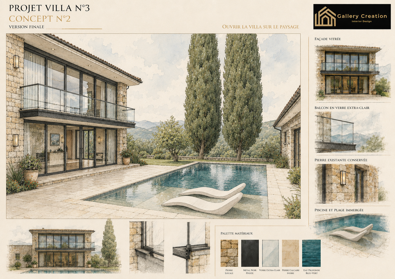 Planche Concept 2 présentant la version finale de la villa ouverte sur le paysage, avec façade vitrée, balcon en verre et piscine.